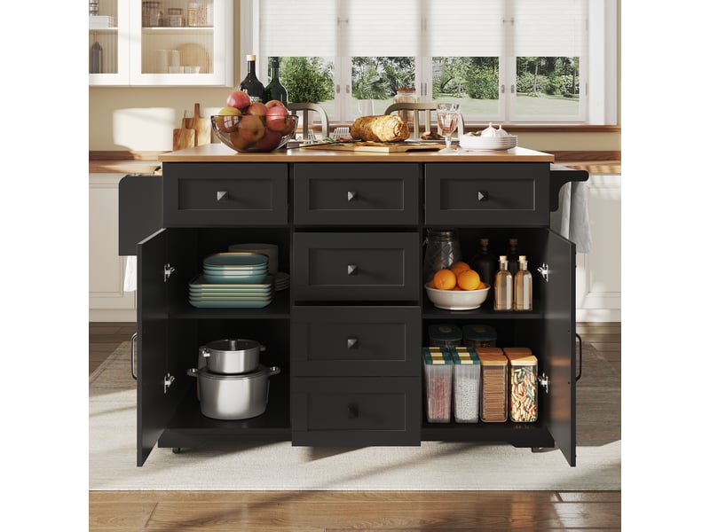 Îlot de cuisine noir pliable, chariot de service mobile en mdf et métal, table extensible pour salle à manger, 147x70x93cm - Conforama W