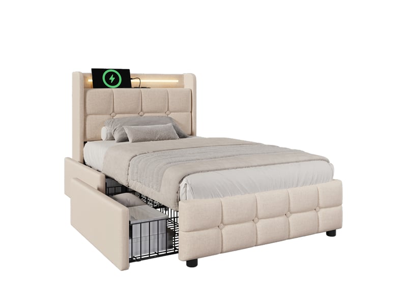  Lit simple coffre avec tête de lit usb, led, lin beige, 90x200 cm, 2 tiroirs, sommier inclus  - Conforama D