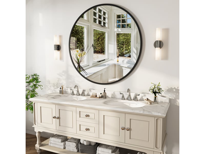 Miroir mural 75x75 cm, cadre en aluminium, forme circulaire, lignes épurées, pour salle de bain ou séjour,noir - Conforama D