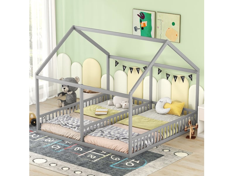  Modenvie lit cabane enfant 2 en 1 90x200 cm - double couchage avec barrières - pour chambre d'enfant - gris  - Conforama B