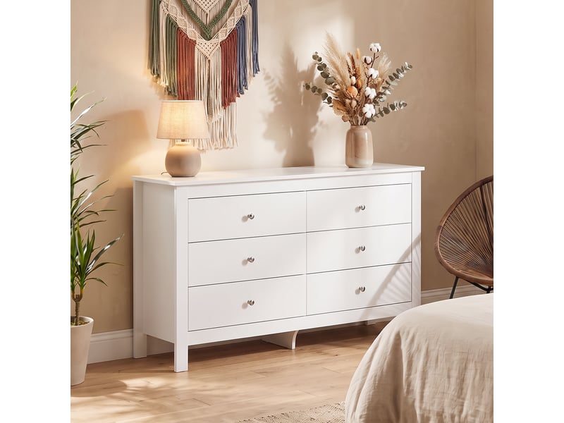 Commode 6 tiroirs sur pieds poignées boutons métal blanc  - Conforama D