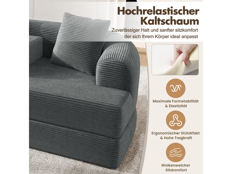  Canapé convertible 2 places en velours côtelé gris, 176 x 184 x 47 cm, porte-gobelets, sans montage, livré compressé, coussins inclus, pour le salon CARDUME ESTIVAL - Conforama E