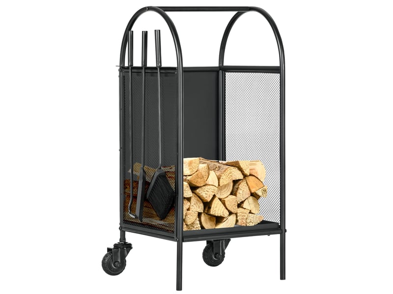  Range-bûches sur roulettes avec accessoires, métal noir, charge 50 kg, 37,5 x 37,5 x 80 cm  - Conforama A