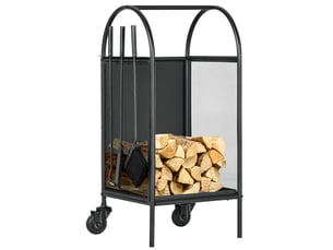 Range-bûches sur roulettes avec accessoires, métal noir, charge 50 kg, 37,5 x 37,5 x 80 cm