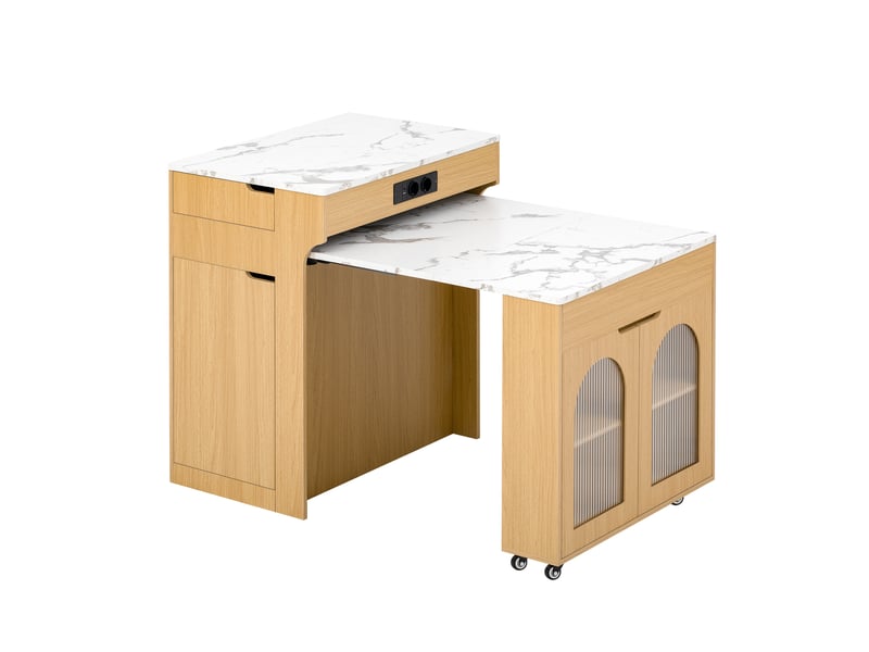  Îlot de cuisine extensible avec 2 tiroirs et multiprise intégrée, coloris naturel DE000049AAN - Conforama B