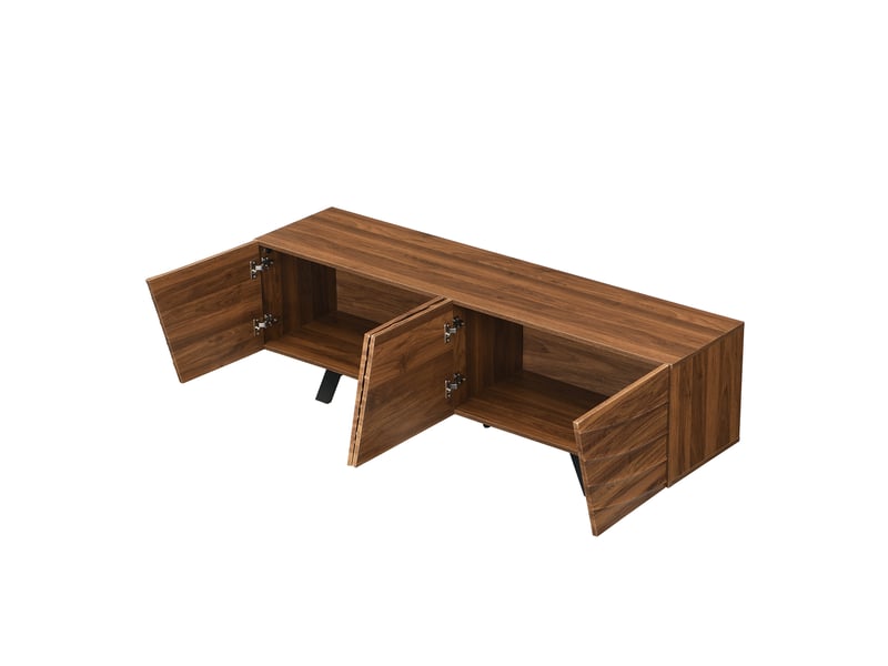  Meuble tv noyer 160 cm avec rangement - façade ondulée pieds métal noir gestion des câbles  - Conforama D