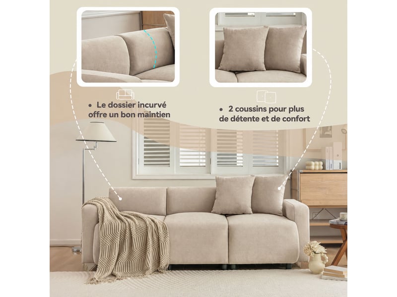  Canapé de salon droit 3 places 211 cm avec dossier haut, accoudoirs arrondis, 2 coussins, assise amovible, tissu chenille beige  - Conforama E