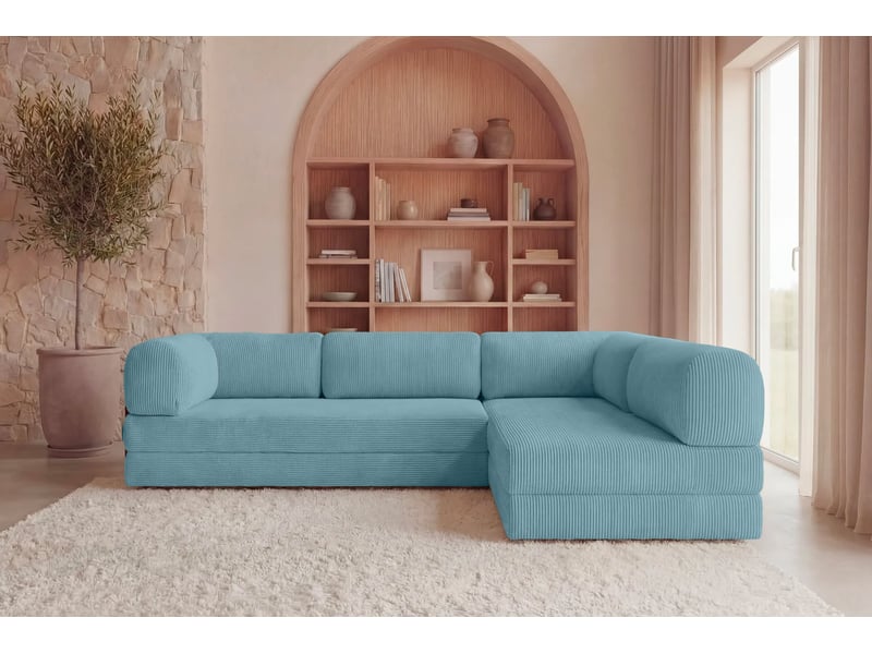  Cosima - canapé d'angle convertible petit velours côtelé 4 places bleu clair gauche  - Conforama D