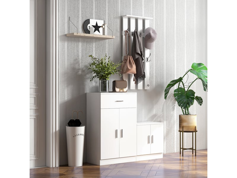  Étagère à chaussures avec porte-manteau intégré pour entrée et chambre, en bois blanc, 100 x 32 x 187 cm  - Conforama C