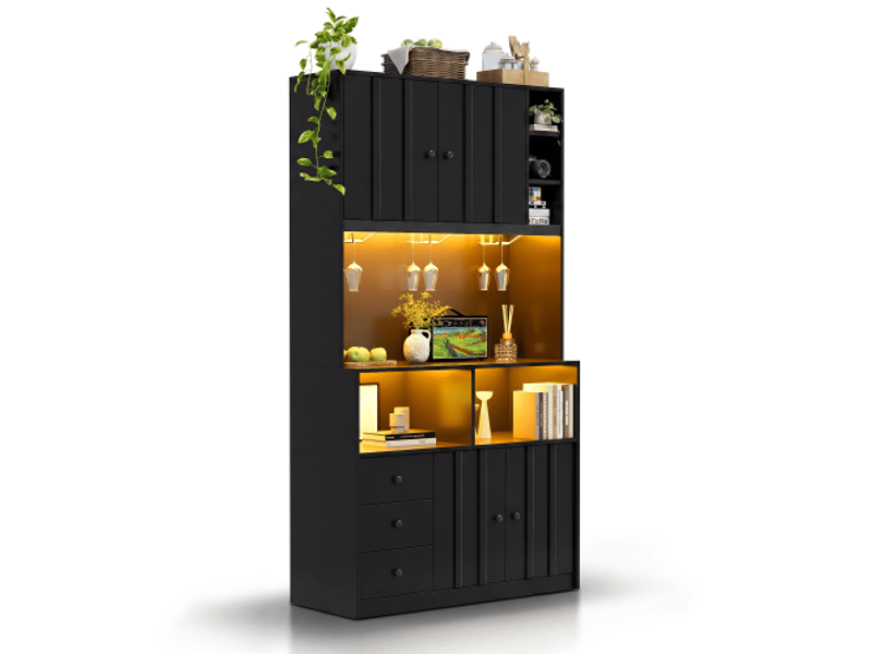  Servers, sideboards &amp; buffets - armoire de cuisine haute 180 cm avec led, étagère de cuisine avec prise, casier à vin et v - mdf - noir - 100 x 40 x 180 cm - usage domestique - installation simple N635P4664101112S - Conforama A