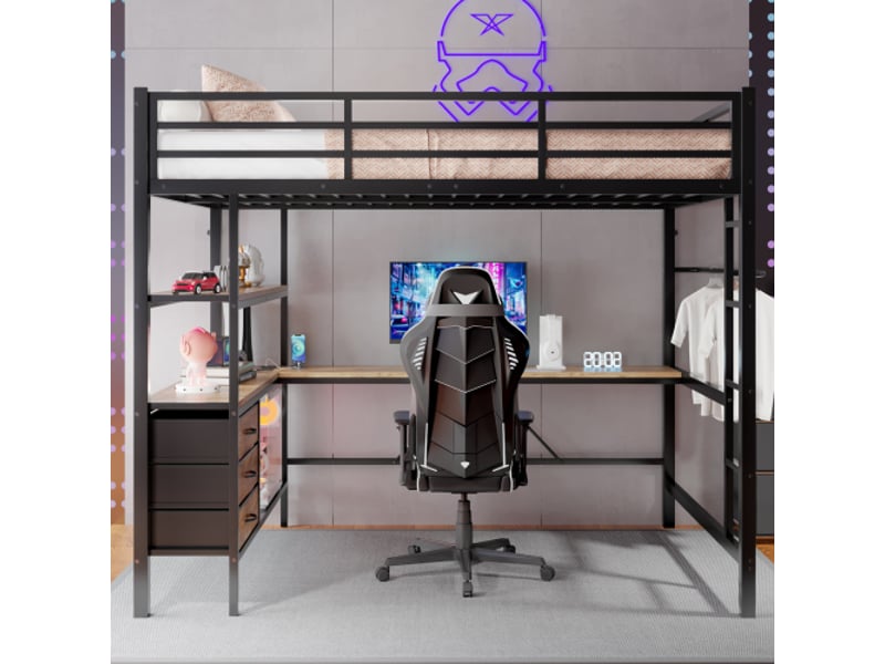  Lit mezzanine 140x200 cm coloris noir led métal lit enfant noir - Conforama D