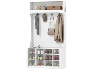 Porte-manteau 4-en-1 avec banc, banc d'entrée avec 12 compartiments à chaussures, 6 crochets et étagère ouverte, blanc