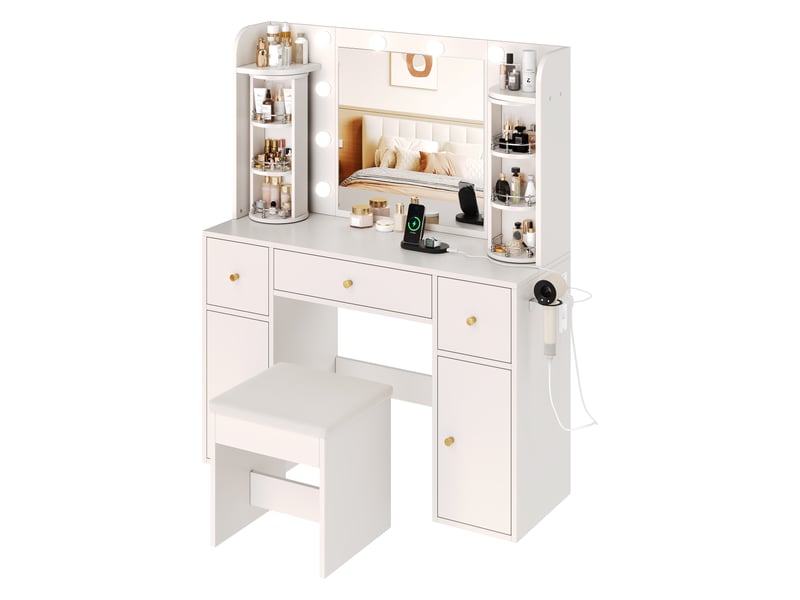  Coiffeuse miroir led 115x40x142 cm, éclairage réglable, organiseur bijoux pivotant, usb-c, 3 tiroirs, 2 armoires, panneau particules - blanc  - Conforama A