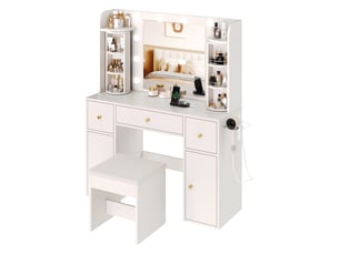 Coiffeuse miroir led 115x40x142 cm, éclairage réglable, organiseur bijoux pivotant, usb-c, 3 tiroirs, 2 armoires, panneau particules - blanc