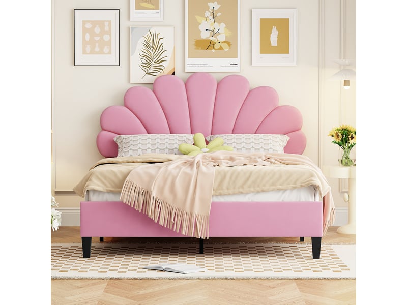  Lit 2 places 140x200 cm, revêtement en velours, coloris rose, tête de lit rembourrée, tête de lit florale, sommier à lattes inclus, montage facile  - Conforama D