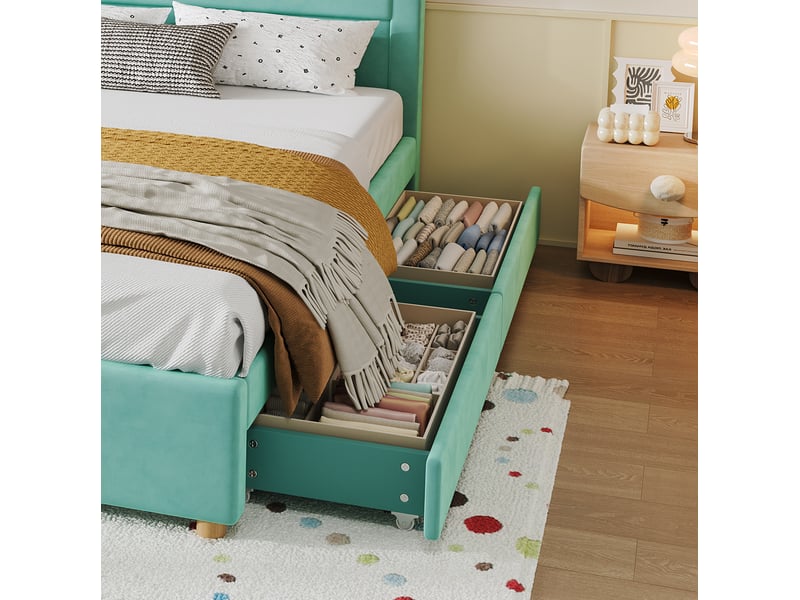  Lit cabane enfant 140x200 cm en velours bleu-vert avec 4 tiroirs, sans matelas  - Conforama E