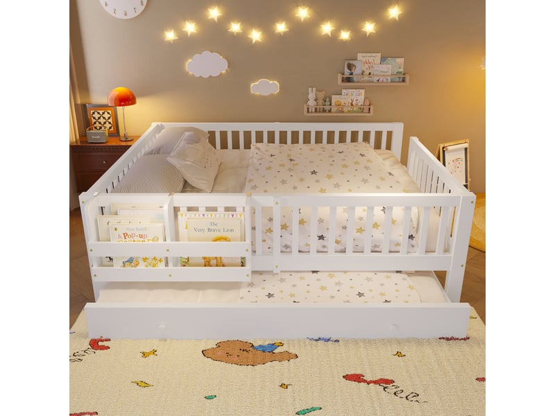  Lit enfant 140x200 cm avec lit d’appoint gigogne, barrières de sécurité, échelle et rangement gauchedroite, bois massif et mdf, blanc Sol Morn - Conforama D