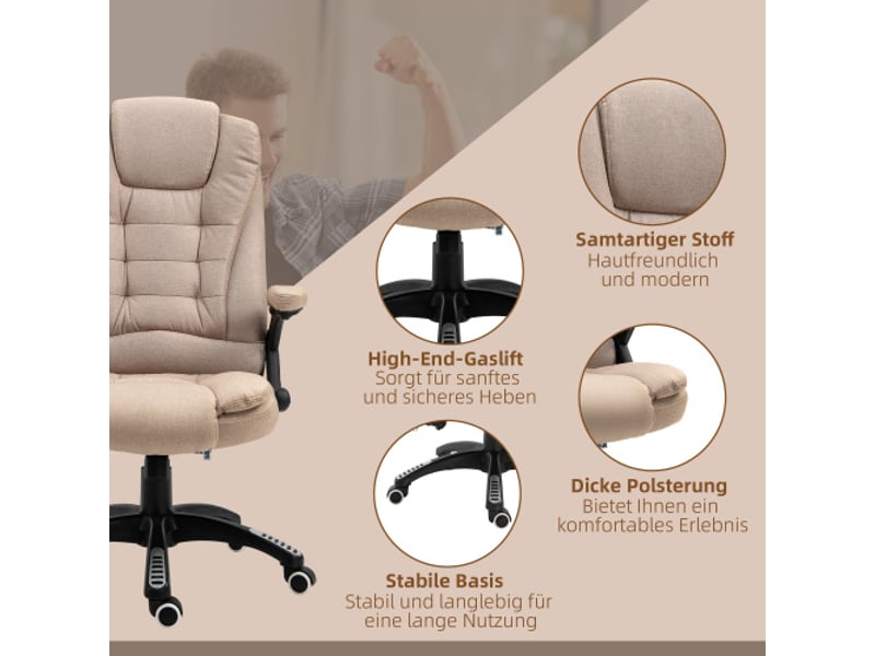  Chaise de bureau ergonomique marron, massage, chauffage, inclinable, réglable, effet lin, télécommande  - Conforama E
