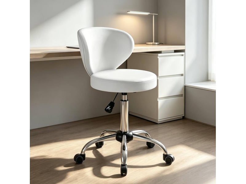  Tabouret de massage à roulettes blanc avec dossier, hauteur réglable 51 à 66 cm, pivotant à 360 degrés  - Conforama E