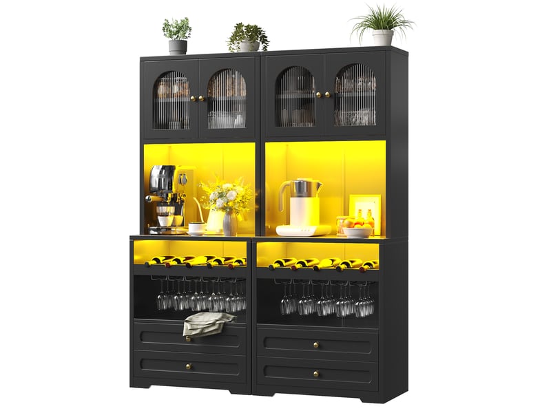 Buffet haut avec portes en verre, led, porte-bouteilles, noir, 140 x 40 x 180 cm  - Conforama A