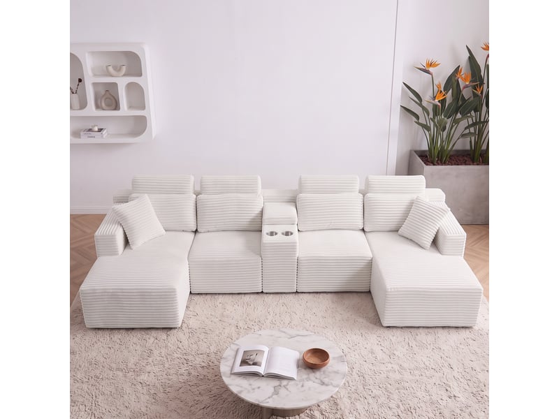  Canapé panoramique en u - 373x150x81cm - canapé modulaire velours côtelé avec porte-gobelets, assise profonde - blanc  - Conforama C