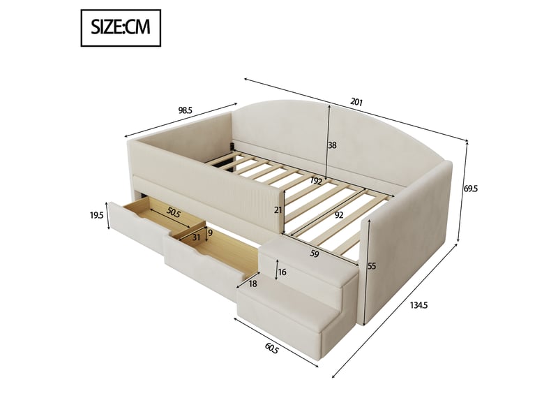 Lit banquette 90 x 190 cm, tiroirs de rangement, marches d’accès, barrières latérales, structure rembourrée, pour la chambre, velours, beige ABC - Conforama C