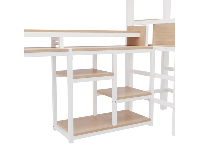 Lit surélevé 140x200 cm en métal blanc avec rangement, bureau, led et usb-c, pour chambre organisée, sans matelas - Conforama D