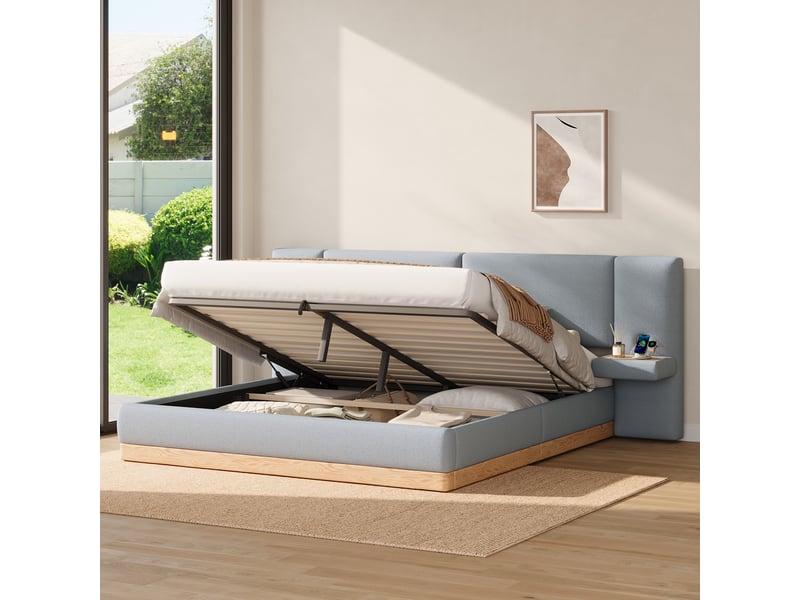  Lit coffre 180x200 à relevage hydraulique, chevets et usb, gris et naturel  - Conforama B
