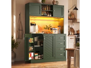 Buffet de cuisine led avec 4 portes, 2 grands tiroirs et porte-boissons, pour séjour, en mdf vert, 120 × 40 × 188 cm
