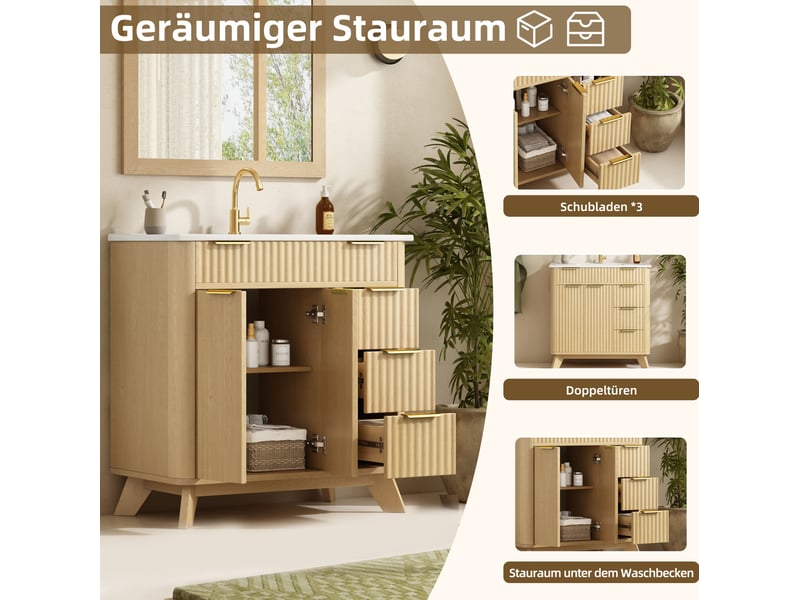  Meuble sous vasque avec 3 tiroirs et 2 portes à fermeture douce, en mdf naturel, pour salle de bain 81 × 47 × 90 cm  - Conforama E