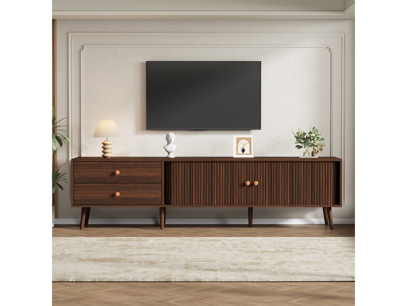  Meuble tv bas 180 x 40 x 46,5 cm couleur noyer avec 2 tiroirs et 2 portes à rideau  - Conforama D