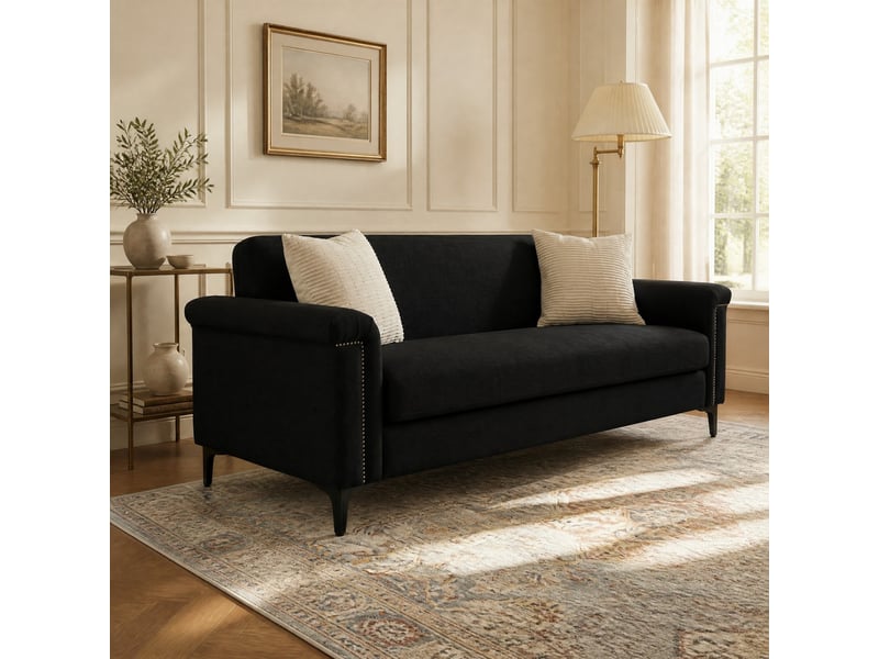  Canapé droit 2 places scandinave à ressorts ensachés  - accoudoirs cloutés et pieds métal, tissu lin noir  - Conforama C