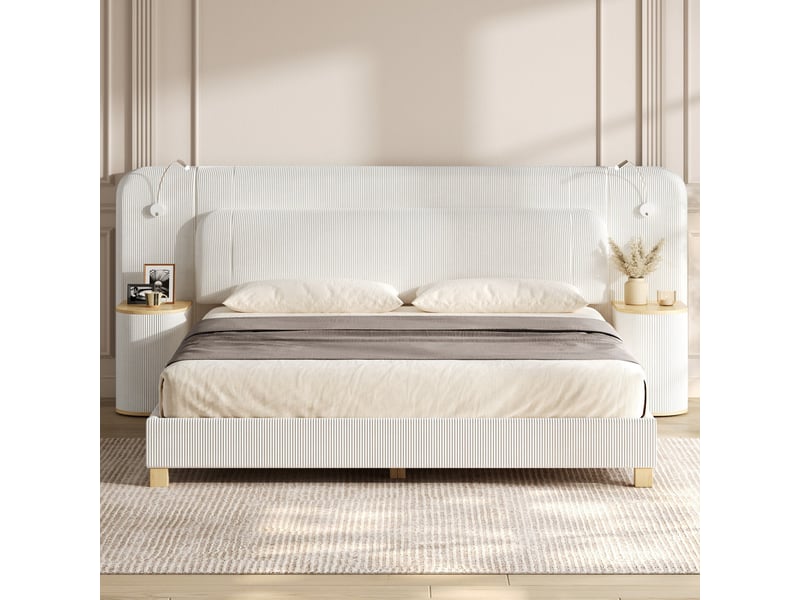  Lit double 180 x 200 cm en velours côtelé - lit adulte avec 2 chevets et lampes de chevet - mdf - beige(sans matelas)  - Conforama D