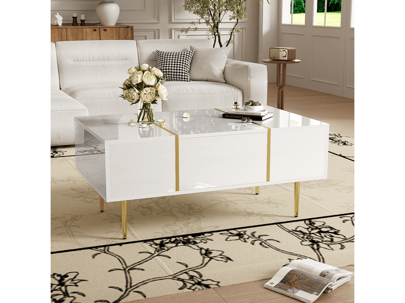 Table basse contemporaine blanc brillant - 100x50x40 cm, 2 tiroirs, design épuré - Conforama B