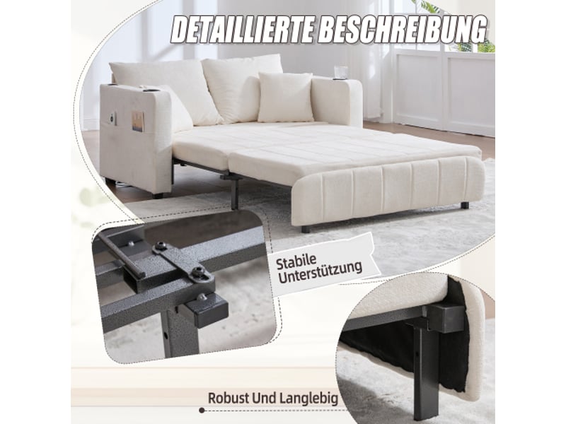  Canapé convertible en tissu beige chenille – lit d'appoint, rangements sur accoudoirs, usb et porte-gobelets  - Conforama E