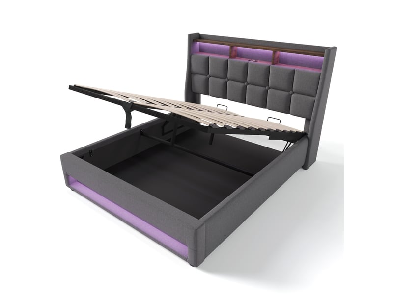  Lit coffre 140x200cm avec éclairage led, port usb, élégant et tendance, style moderne, incluant un matelas, lin, gris  - Conforama A