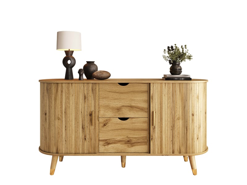  Commode deux tiroirs et deux portes coulissantes, 140 x40 x 79,5 cm, avec veinage vertical, pieds en bois massif et élément d'angle arrondi  - Conforama A