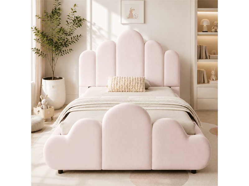  Lit simple 90x200 cm, lit enfant, tête de lit rembourrée, velours rose  - Conforama E