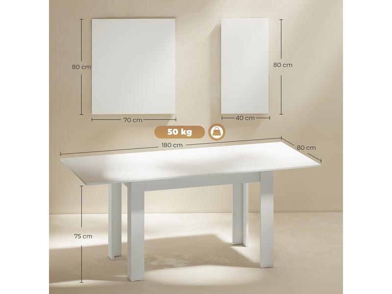  Table à manger extensible, table de cuisine rectangulaire, pour 6-8 personnes, 140-180 x 80 cm, blanc  - Conforama E