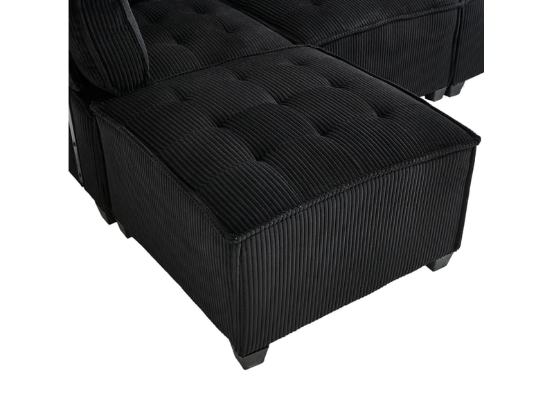  Canapé modulable 6 places en velours côtelé noir, convertible en couchage, avec poches latérales pratiques  - Conforama D