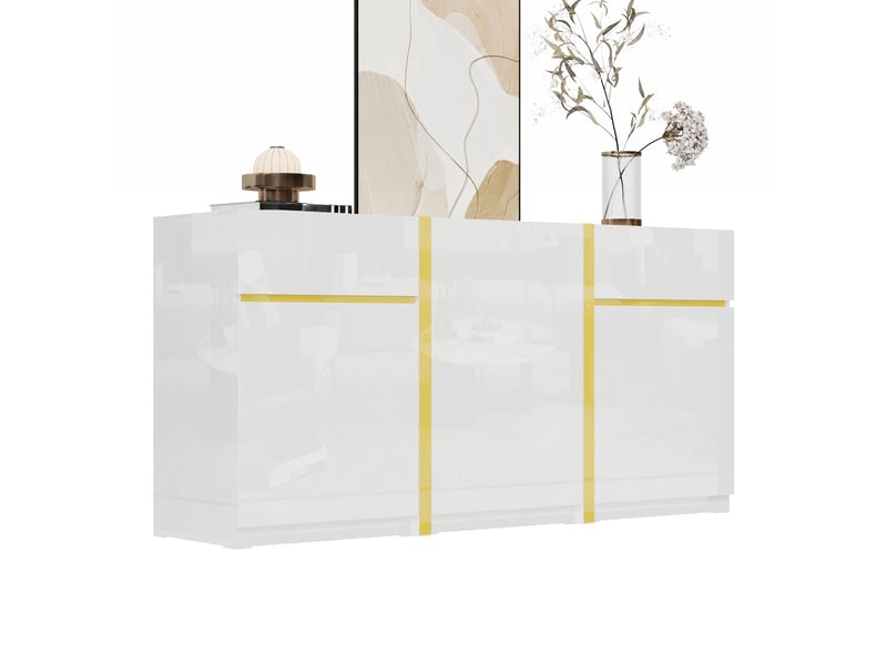  Buffet de rangement 3 portes 2 tiroirs avec étagères réglables - lpospi - finition brillante mdf blanc 160 × 40 × 78 cm  - Conforama A