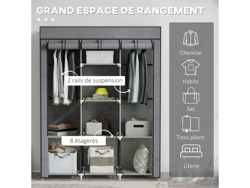  Armoire penderie multi-rangement - 8 étagères, 2 barres - non tissé gris  - Conforama E