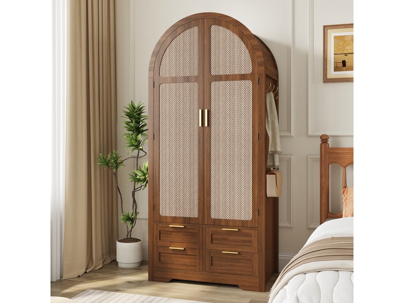 Armoire penderie 80x50x180 cm, portes courbées en rotin, tringle, tiroirs, étagères, grand rangement pour chambre - noyer - Conforama D