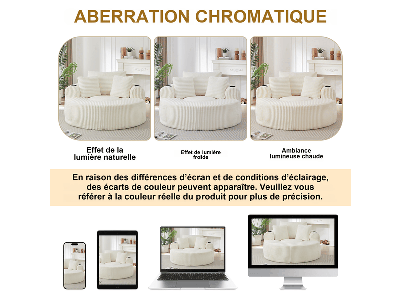  Fauteuil lounge rond 1 place en velours côtelé beige 142x142 cm, 2 porte-gobelets, 3 coussins, rangement latéral, salon ou chambre 142X142X85cm - Conforama R