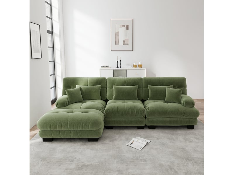  Canapé d'angle ulevr modulable 3 places avec ottoman mobile, chenille vert, 313 x 145 x 81 cm  - Conforama B