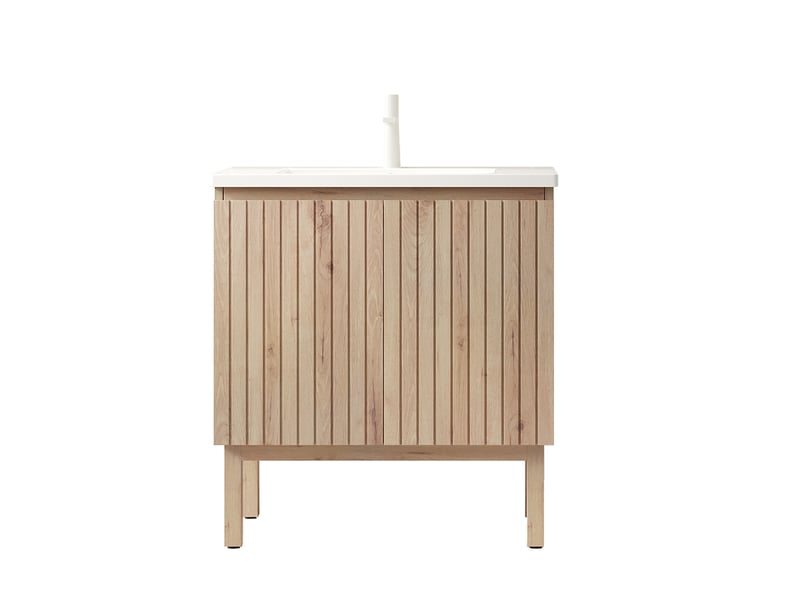  Meuble sous vasque 80 cm à doubles portes et étagère réglable - lpospi - pieds en bois, céramique blanc chêne blanc  - Conforama A