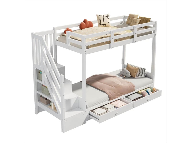 Lit mezzanine enfant 90x200 cm avec escalier de rangement et 2 tiroirs, blanc - Conforama A