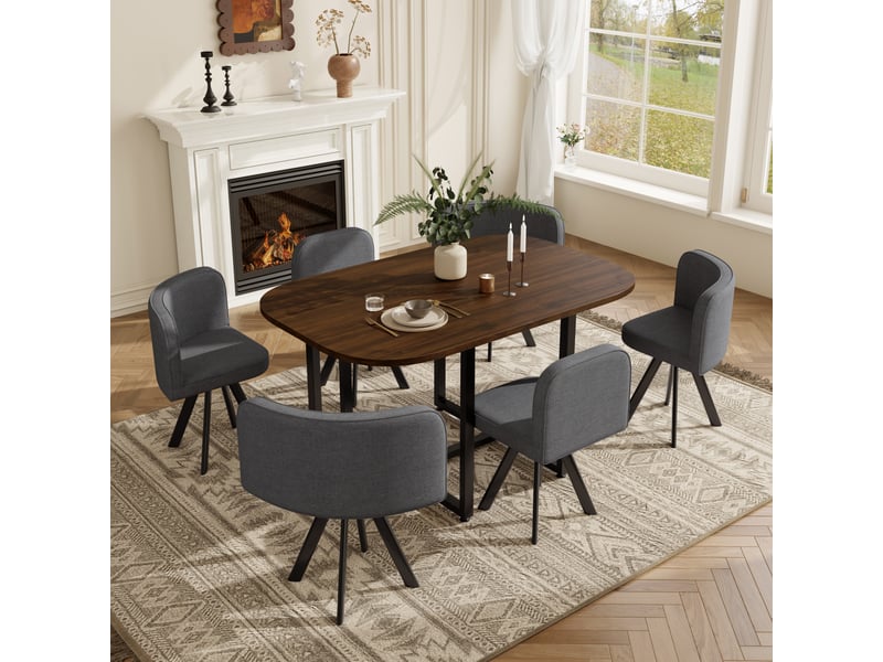  Ensemble repas 6 personnes avec table 140 x 90 cm effet noyer et 6 chaises grises en tissu effet lin, pieds métal noir DJ-N634D0027G-XL - Conforama C