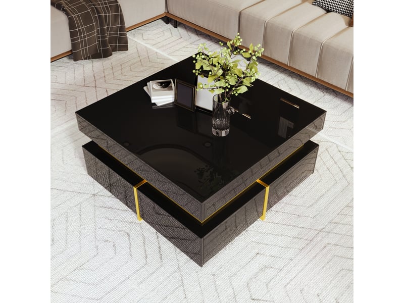  Table basse 70x70x35,5 cm avec 2 tiroirs, rangement sur deux côtés, finition brillante, panneaux de particules, noir et doré ABC - Conforama B