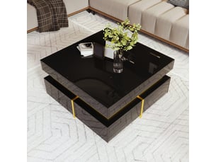 Table basse 70x70x35,5 cm avec 2 tiroirs, rangement sur deux côtés, finition brillante, panneaux de particules, noir et doré